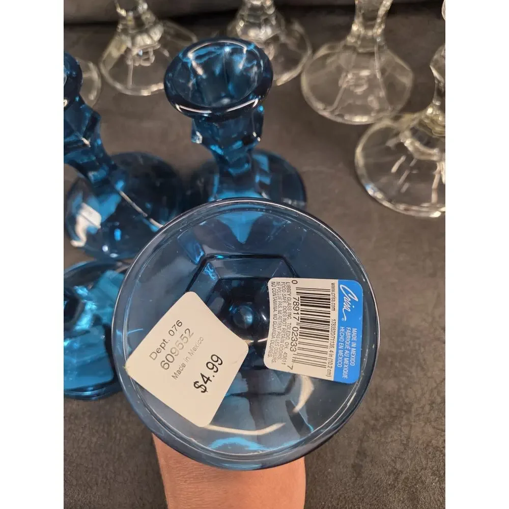 Libbey Crisa Glass Candlestick Holders Lot of 12 Aquamarine Blue Clear Taper